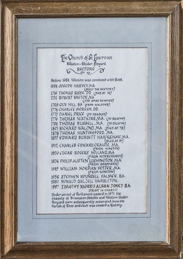 Framed List of Rectors 1684-1992